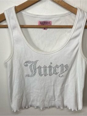Juicy Couture Women’s M Y2K White Ribbed Tank Bling Logo Cropped Rhinestone